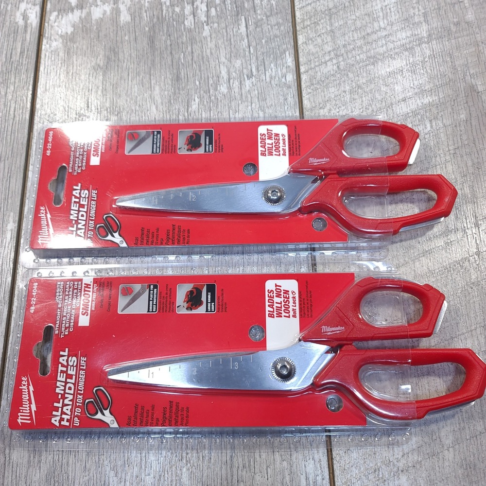 Lot of 2 Milwaukee Jobsite Straight Scissors OS Red All-Metal Handles 48-22-4046